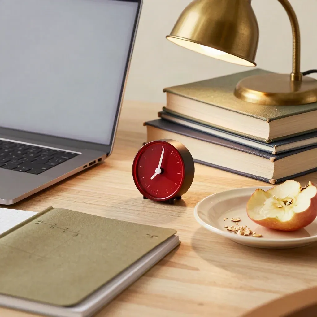 Zamknięty laptop, zeszyt, timer i przekąska na biurku w popołudniowym świetle